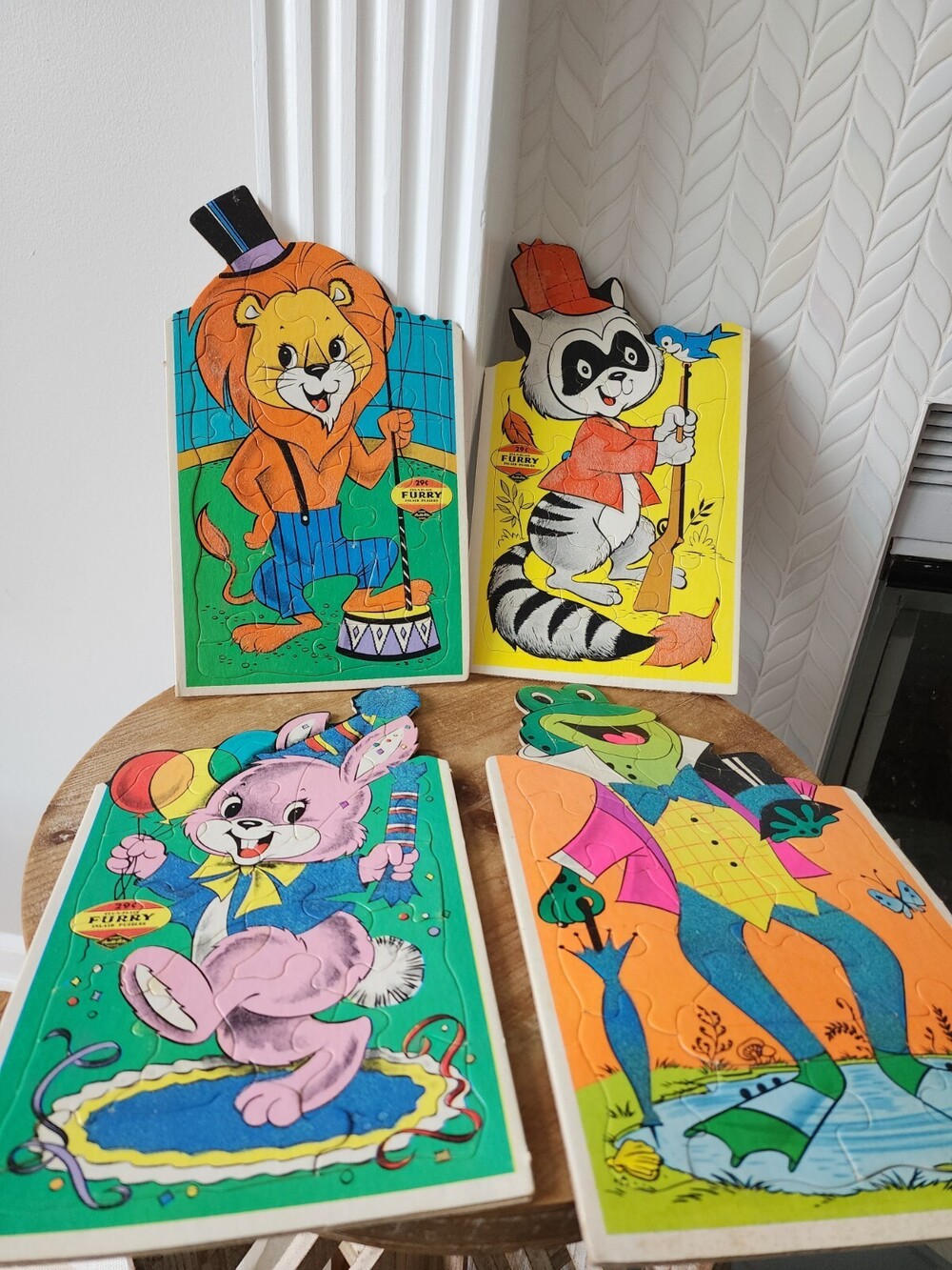 Vintage Set of 4 Warren Built-Rite Puzzles Sta-N-Place Furry Inlaid Tray Puzzles